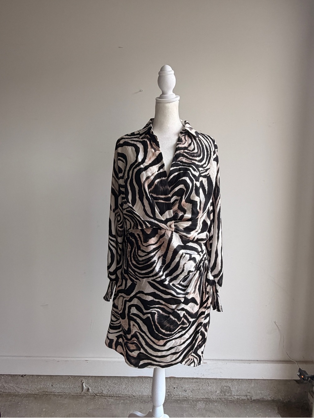 Anthropologie Black & Cream Zebra-Print Wrap Mini Dress